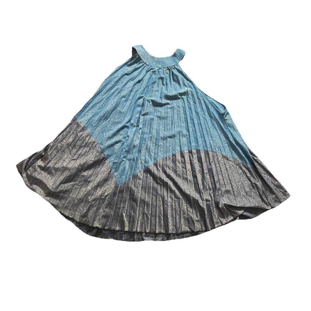 Free People Pleated Love Metallic Mini Dress Womens Small Blue Colorblock Sz S